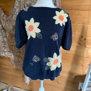 Alfred‎ Dunner Top Knit Floral Embroidered Short Sleeve Cottagecore Granny Retro